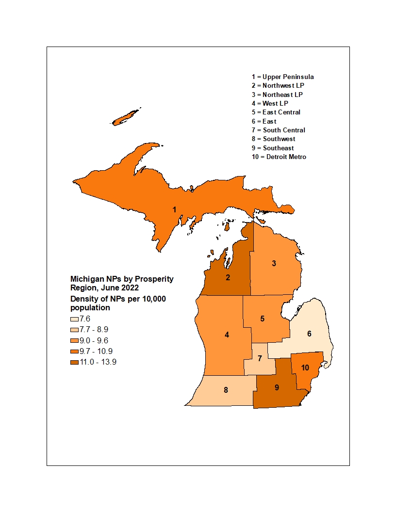 Michigan map of NPs by prosperity region in 2022